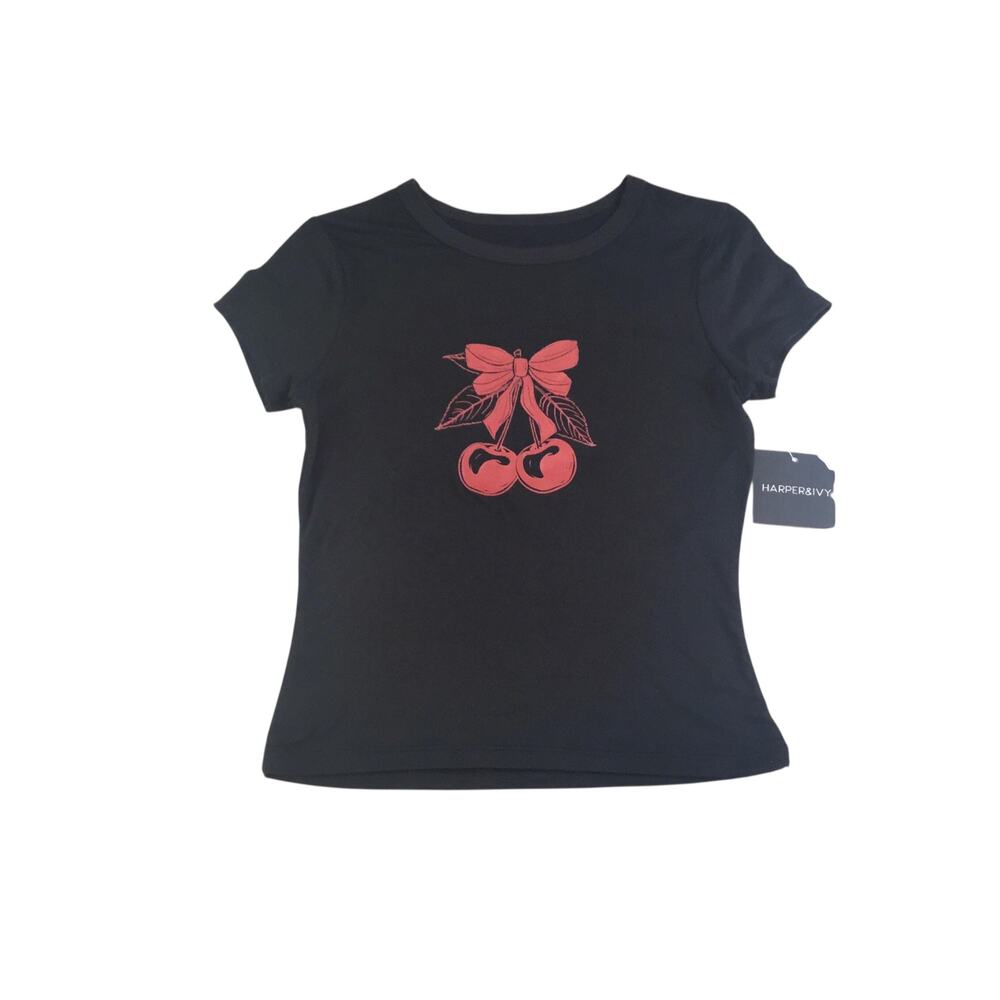 Harper & Ivy New Size Jr M Black Top Cherries Ribbon Bow NWT